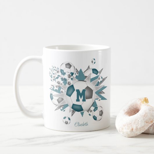 Mug ballons de football étoiles gris turquoise son nom (Avec donut)