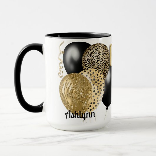 Mug Ballons d'or personnalisés Joyeux 18e anniversaire (Gauche)