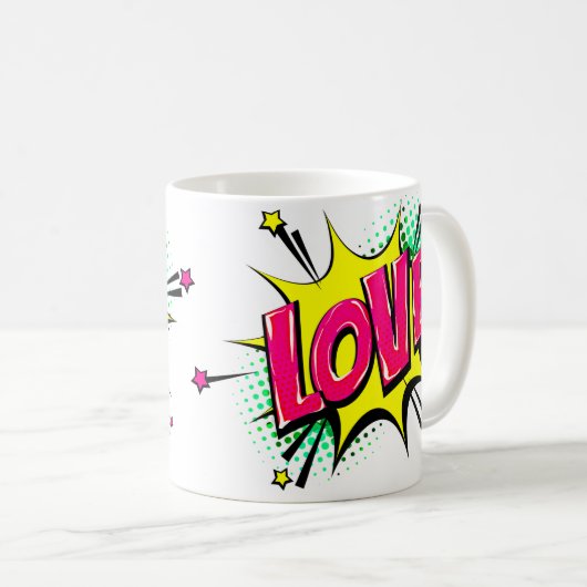 Mug Bande dessinée Pop Art violet Jaune Amour Nouveaut (Devant droit)