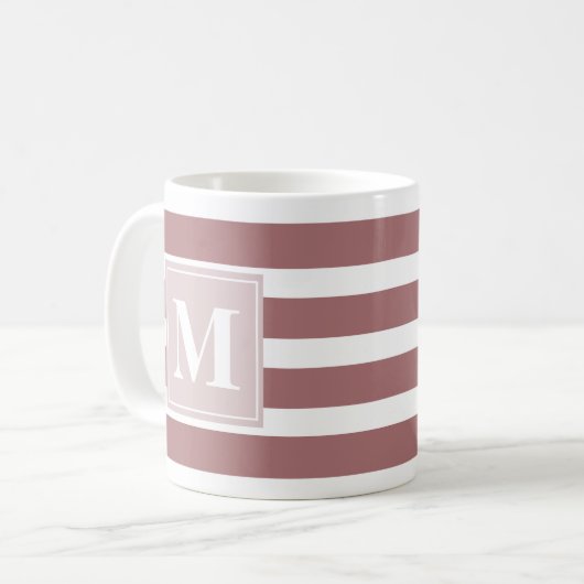 Mug Bande rouge et blanche moderne avec Monogramme (Devant gauche)