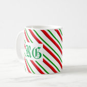 Mug Bandes de sucre de canne, Monogramme rouge & vert (Devant gauche)