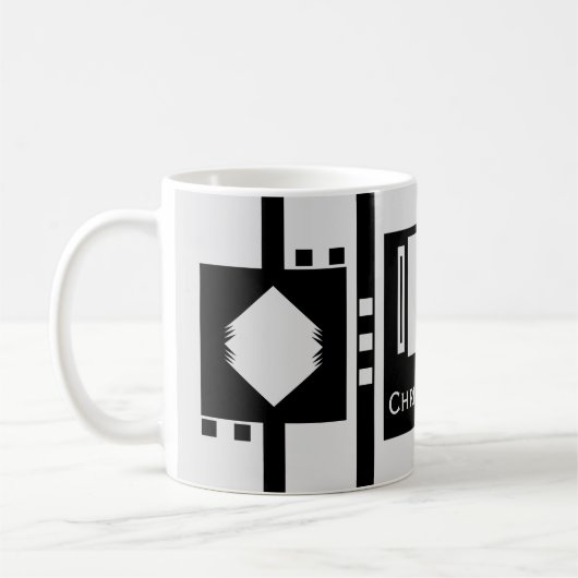 Mug Bandes diamant gris et noir Nom carré (Gauche)