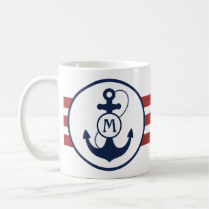 Mug Bandes marines rouges avec Ancre et monogramme