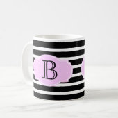 Mug Bandes noires et blanches avec rose, ajouter initi (Devant gauche)