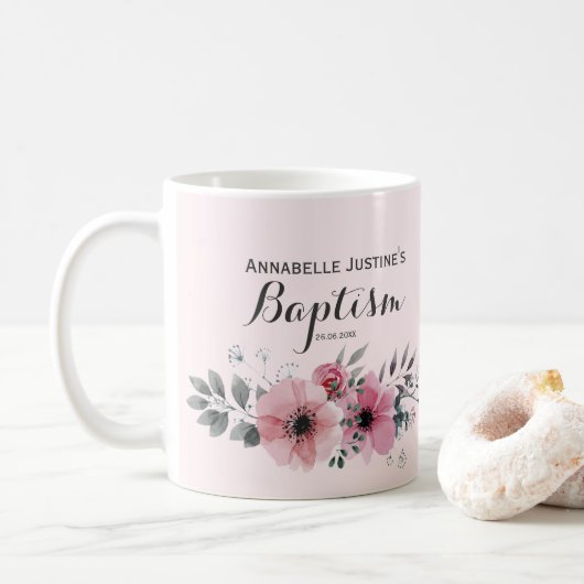 Mug Baptême élégant rose floral (Avec donut)