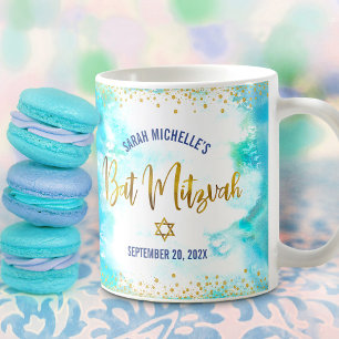 Mug Bar Mitzvah Turquoise Aquarelle Or Écriture Gras