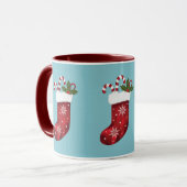 Mug Bas de Noël rouge sur bleu avec nom personnalisé (Devant gauche)