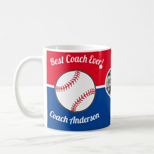 Mug Baseball Best Coach Ever Nom photo rouge blanc ble (Gauche)