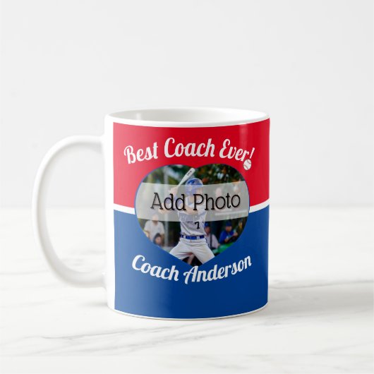 Mug Baseball Best Coach Ever Nom photo rouge blanc ble (Gauche)