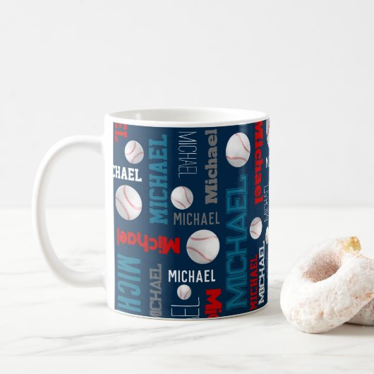 Mug Baseball sport bleu rouge blanc nom personnalisé (Avec donut)