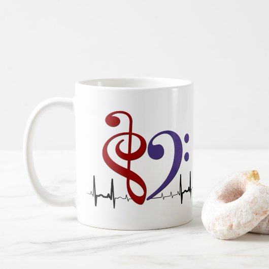 Mug Bass Clef Heart EKG Waves Crimson Rouge & violet (Avec donut)