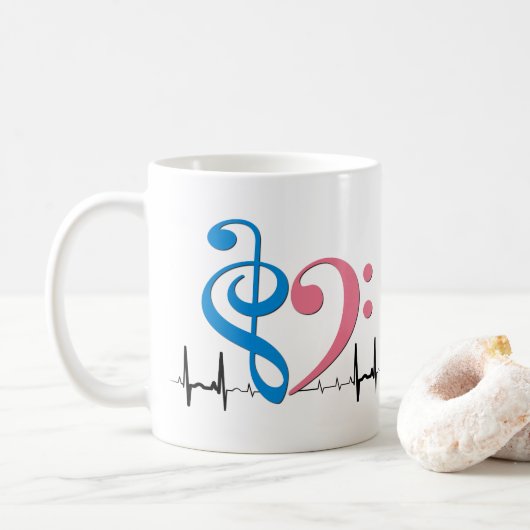 Mug Bass Clef Heart EKG Waves Cyan & Bubblegum Pink (Avec donut)