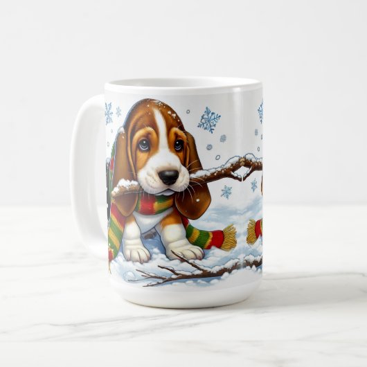 Mug Basset Hound Chiot en neige avec Écharpe et Branch (Devant gauche)