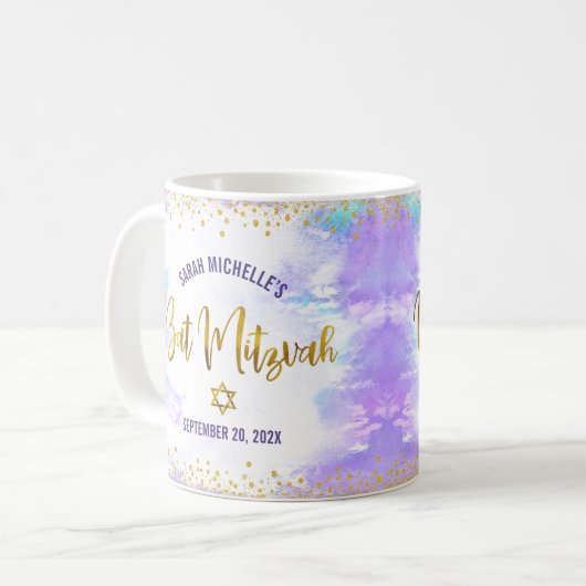 Mug Bat mitzvah Purple Aquarelle Gold Script Confetti (Devant gauche)