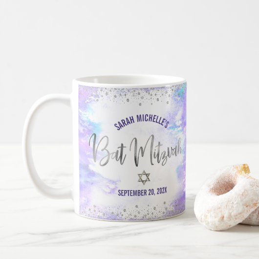 Mug Bat Mitzvah Purple Watercolor Silver Script Modern (Avec donut)