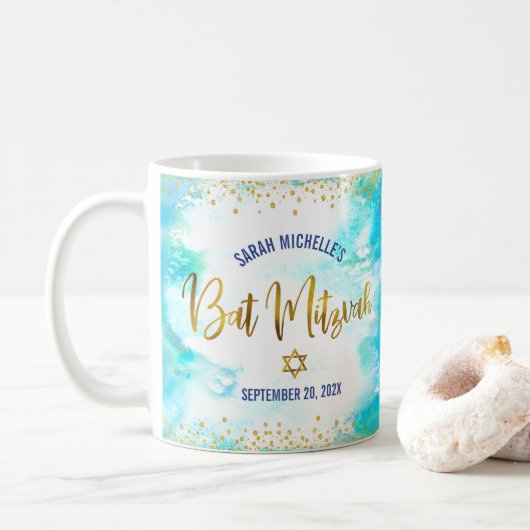 Mug Bat Mitzvah Turquoise Watercolor Gold Script Bold (Avec donut)