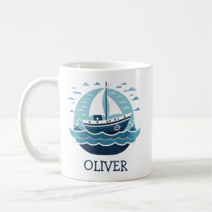 Mug Bateau à voile bleu mignon en mer Personnalisé