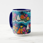 Mug Bateaux à voile Whimsical avec Vagues et Fleurs (Devant gauche)