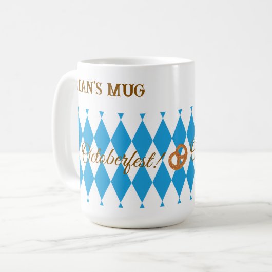 Mug Bavarois bleu Octoberfest Pretzels PERSONNALISER (Devant gauche)