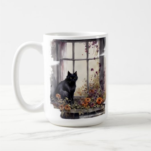 MUG BEAU CHAT NOIR EN COULEUR D'EAU ASSIS DANS LA FENÊ (Gauche)