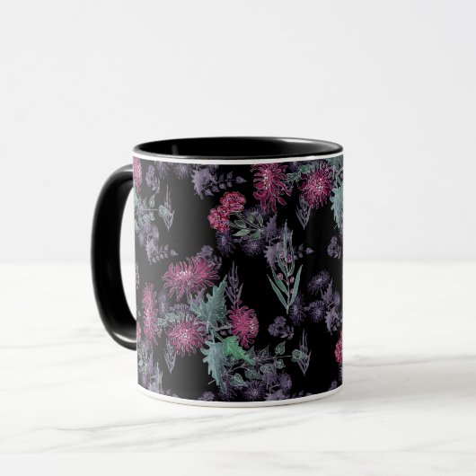 Mug Beau chrysanthème fleurs rouges vert gris feuille (Devant gauche)