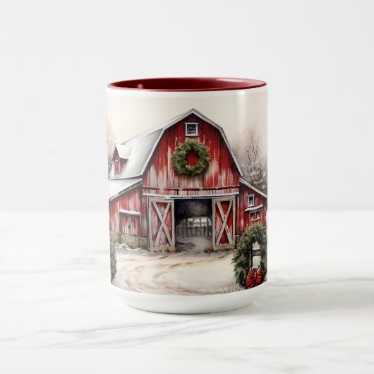 Mug Beau hiver neigeux Rustic Red Grange Noël (Centre)