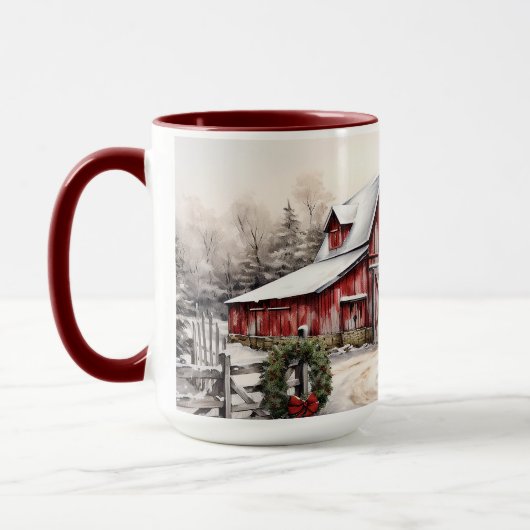 Mug Beau hiver neigeux Rustic Red Grange Noël (Gauche)
