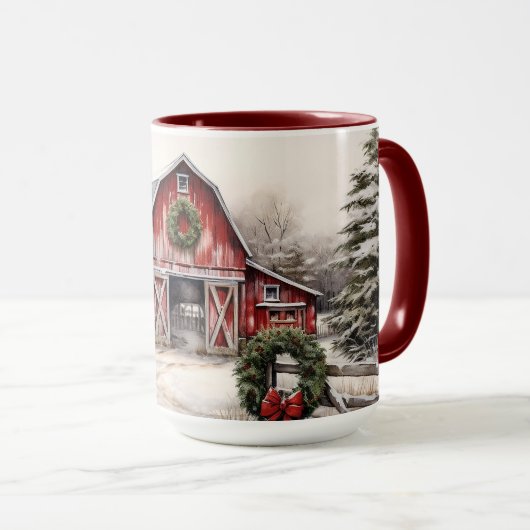 Mug Beau hiver neigeux Rustic Red Grange Noël (Devant droit)
