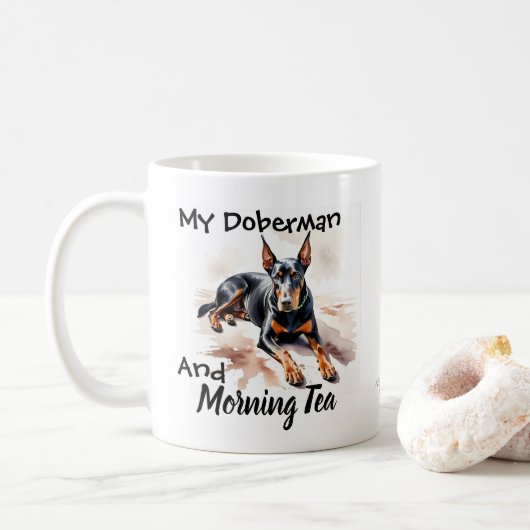 Mug Beau Noir Sur Blanc ''Mon Doberman & Thé (Avec donut)