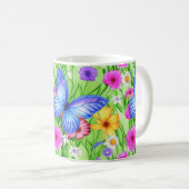 Mug Beau Papillon Bleu avec fleurs Aquarelle (Devant droit)