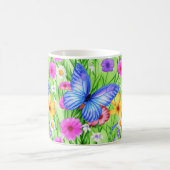 Mug Beau Papillon Bleu avec fleurs Aquarelle (Centre)