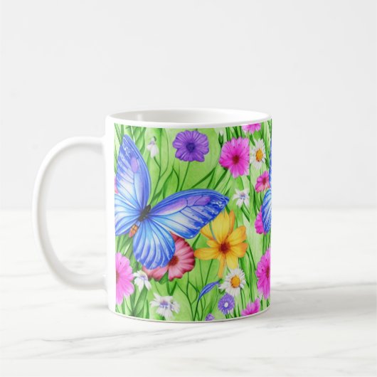 Mug Beau Papillon Bleu avec fleurs Aquarelle (Gauche)
