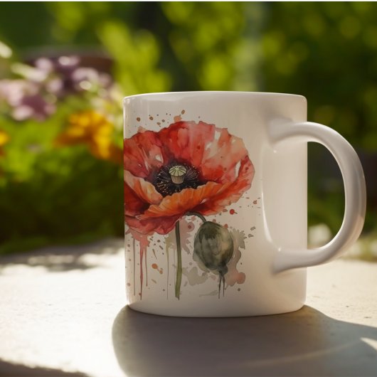 Mug Beau pavot rouge peint en aquarelle