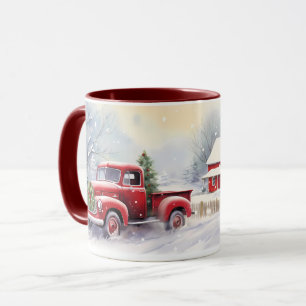 Mug Beau paysage hivernal de Camion Vintage Rouge