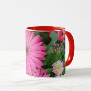 MUG BEAU ROSE ROUGE GERBERA FLEURS FLORALES ET NOM