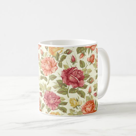 Mug Beau Roses de la main tiré rouge et de pêche (Devant droit)
