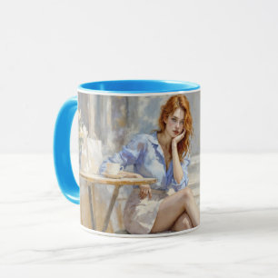 Mug Beauté aux cheveux roux assise dans un café art do