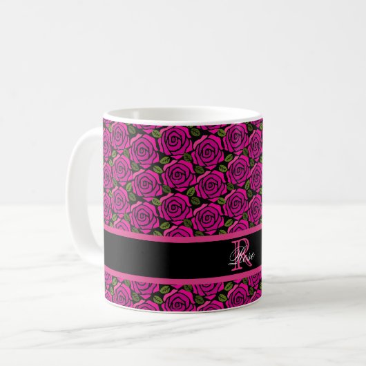 Mug Beautiful Hot Pink Roses Custom Name Monogram Gift (Devant gauche)