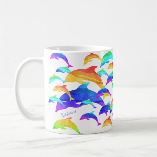 Mug Beaux dauphins en arc-en-ciel avec prénom (Gauche)