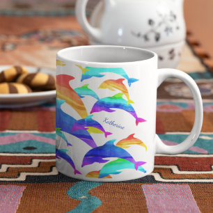 Mug Beaux dauphins en arc-en-ciel avec prénom