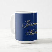 Mug Beaux Noms De Couple Calligraphie Chic Bleu & Or (Devant gauche)