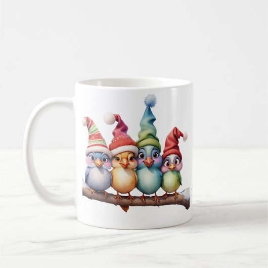 Mug Beaux oiseaux imaginaires avec casquettes de Noël. (Gauche)