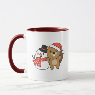 Mug Beaver With Snowman In Winter At Christmas