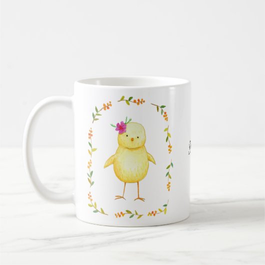Mug Bébé adorable poussin avec fleurs Nom personnalisa (Gauche)