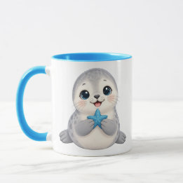 Mug Bébé phoque mignon avec étoile de mer bleue