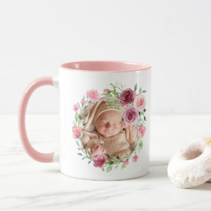 Mug Bébé Photo Fleurs roses Aquarelle Nom Floral