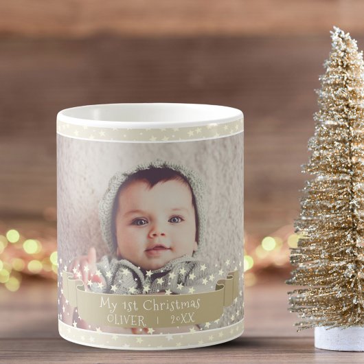 Mug Bébé`s premières Étoiles de Noël Ruban photo plein