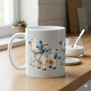 Mug Bébé Vache Gingham Bleu Pastel Esthétique Ferme