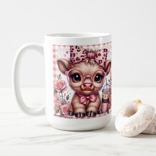 Mug Bébé Vache Highland Coquette Léopard Bow Iced Café (Avec donut)