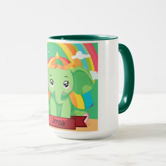 Mug Bébé vert mignon éléphant arc-en-ciel Nom personna (Devant droit)